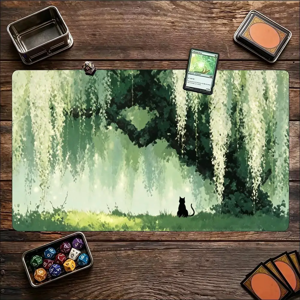 Lush Green Forest Black Cat Art Non‑Slip Rubber Game Playmat Smooth Table Mat For Tabletop Card Game Desktop Gaming Work Setup
