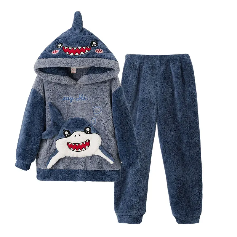 Thicken Toddler Shark Pijamas Hooded Pajamas Sets for Baby Girls Boys Sleepwear Winter Warm Kids Pyjamas Children's Home Wear image 2