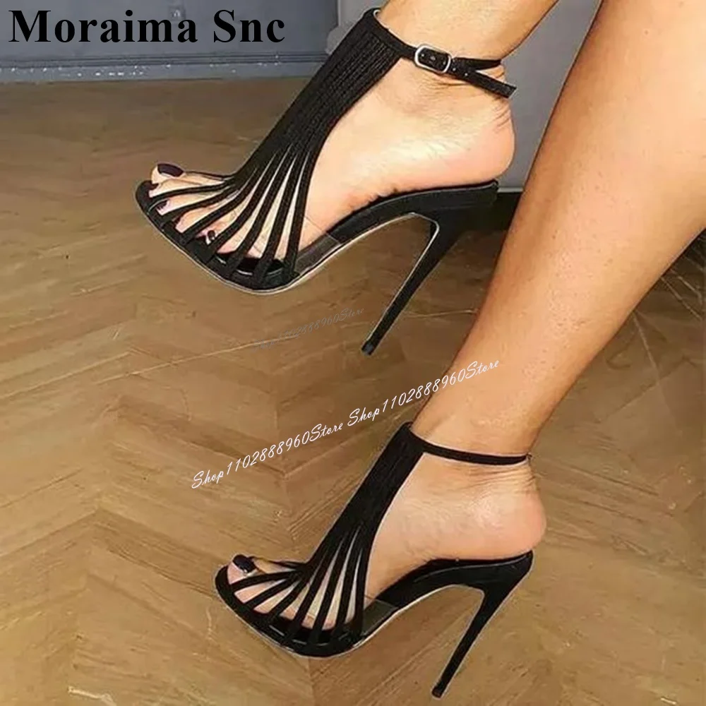 

PVC Black Narrow Strap Sandals Cut Heel Thin High Heel Women Shoes Ankle Buckle Strap Peep Toe 2024 Fashion Zapatos Para Mujere