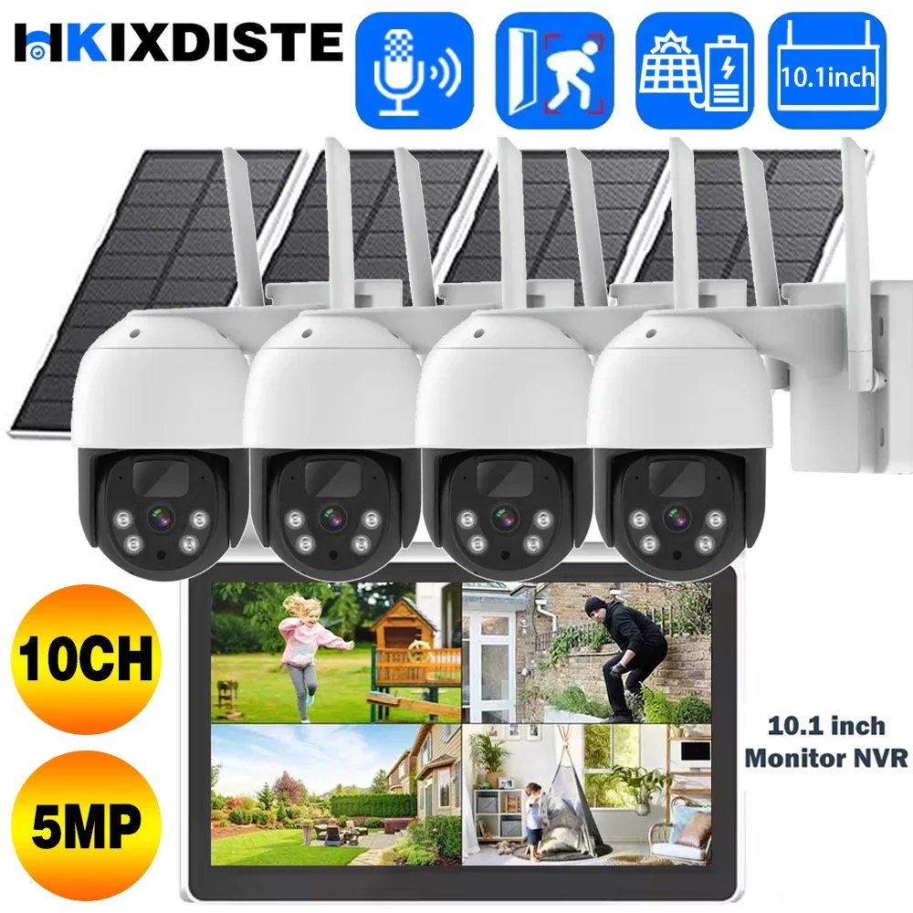

10CH NVR 10''1 LCD Monitor 5MP WiFi Solar PTZ Camera Security 2-Audio System Outdoor Wireless PIR Detect CCTV Video Surveillance