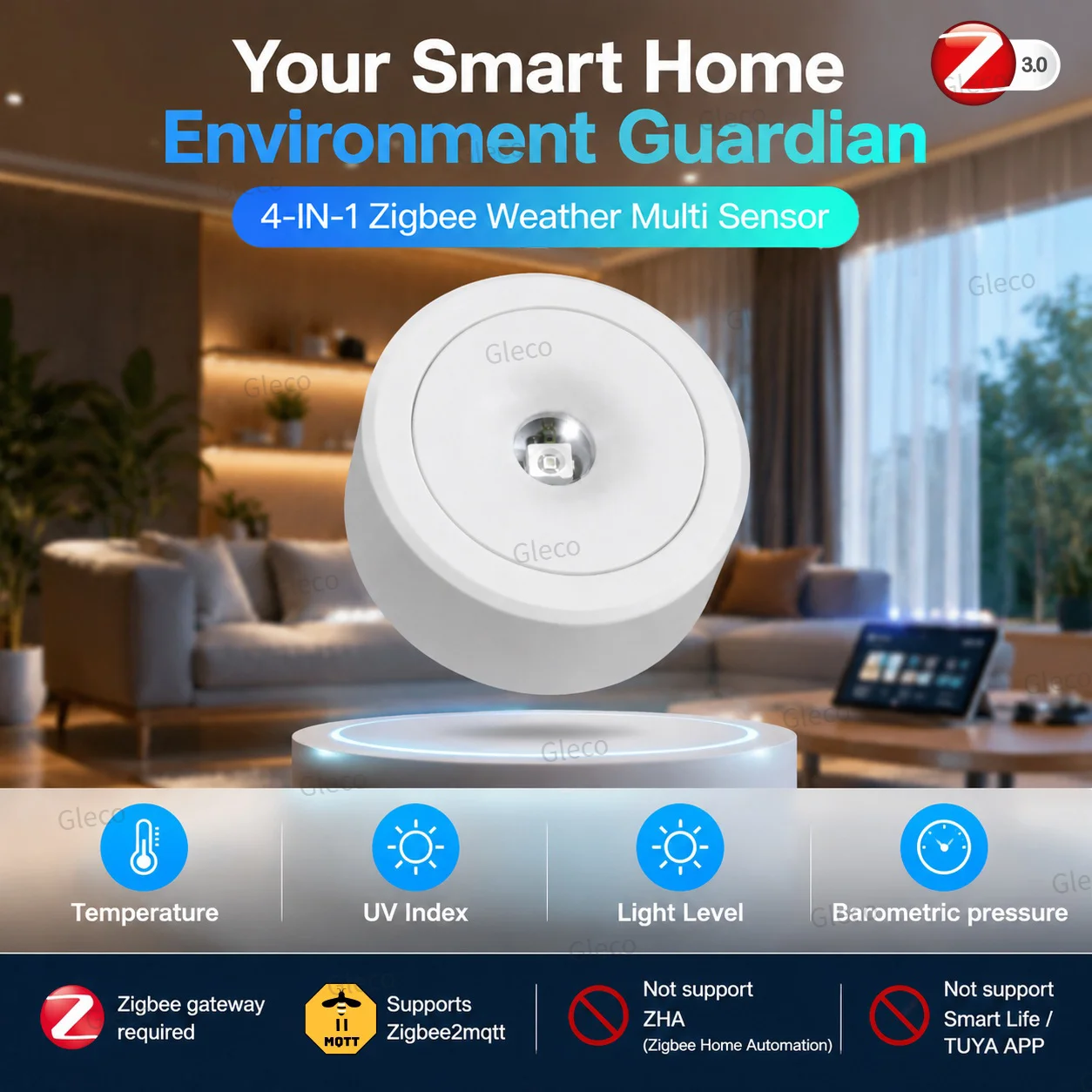 Zigbee Wireless Air Pressure Sensor UV Meter Barometer Thermometer Light Detecror For Smart Home Assistant 2MQTT Weather Monitor
