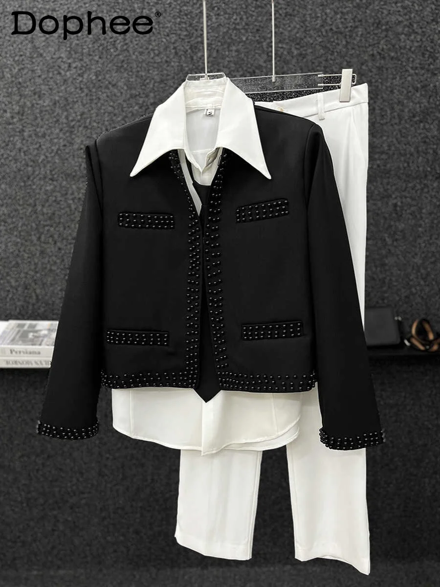 

2024 Spring Autumn New High Street Beaded Design Short Collarless Jacket Beads Small Fragrant Men's Padded Shoulder Jackets