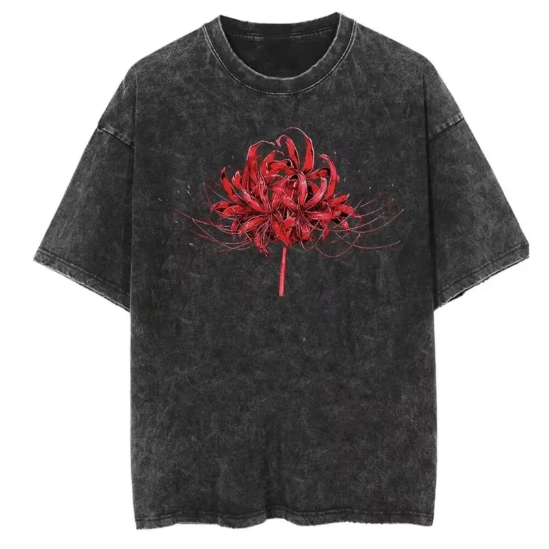 Camiseta lavada con gráfico de lirio de araña roja de Anime Tokyo Ghoul, camisetas Vintage para hombre, Camiseta de algodón Y2k, camisetas informales Harajuku para hombre