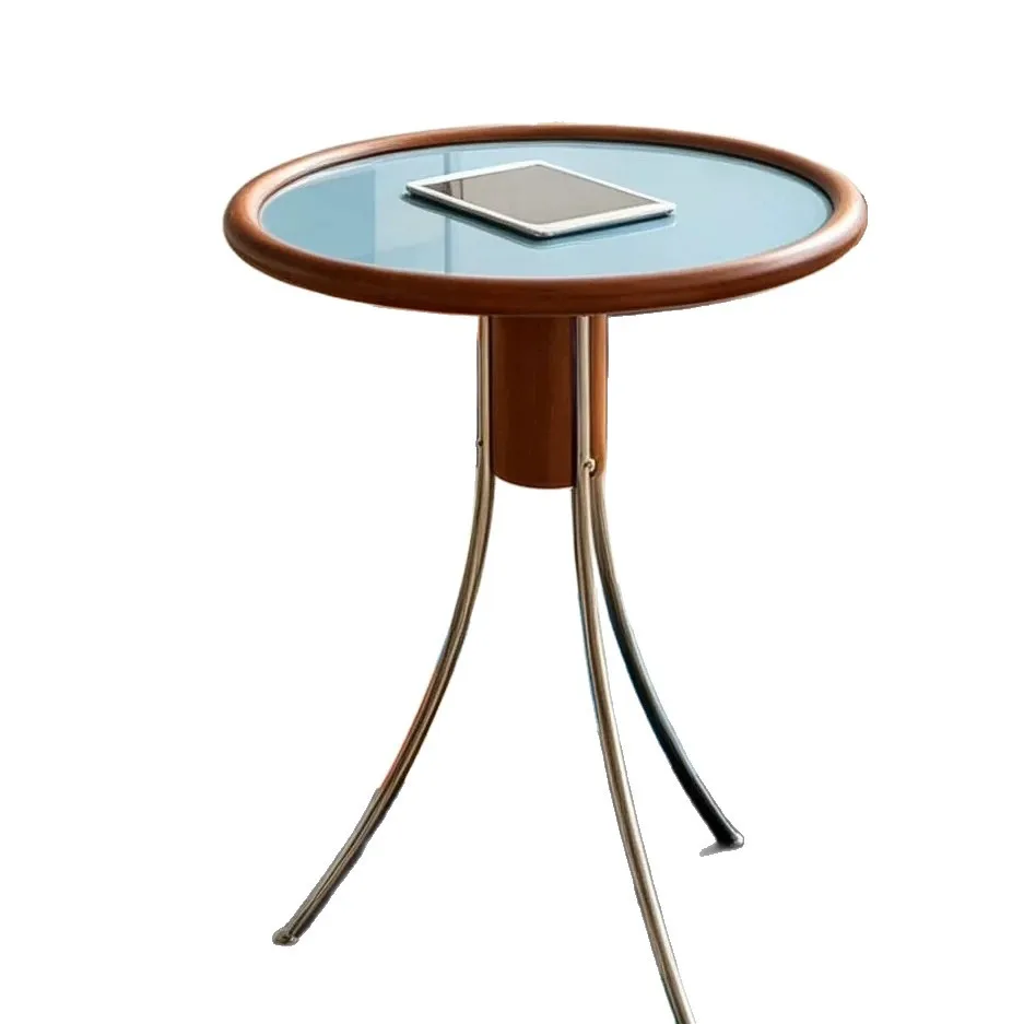 CX antique modern simple round glass coffee table rubber wood retro edge table