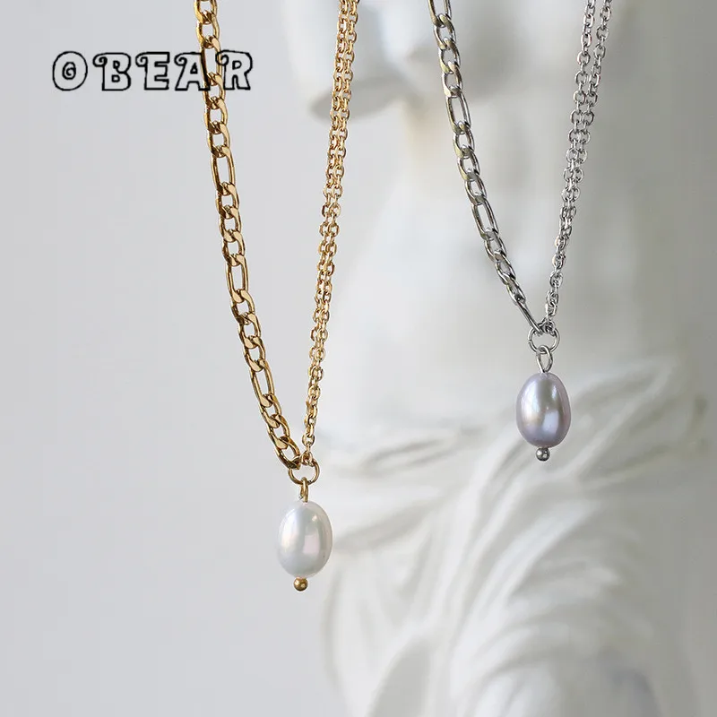 316L Stainless Steel Natural Freshwater Pearl Pendant Splicing Chain Necklace For Women New Trend Choker Clavicle Chain