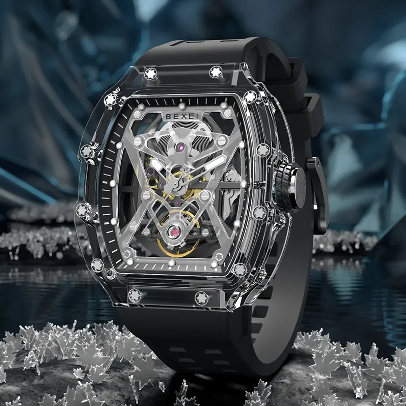 Bexei relógio mecânico automático masculino, relógio vintage com movimento esqueleto de vento automático tr90, caixa transparente, luminoso 9130