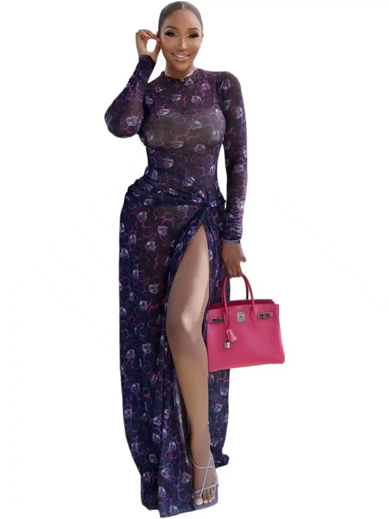 Y6067 ชุดเดรสแฟชั่นผู้หญิงใหม่ ประจำปี 2025 สำหรับฤดูใบไม้ร่วงและฤดูหนาว ดีไซน์หรูหรา ผ้าตาข่าย ผ่าสูง แขนยาว