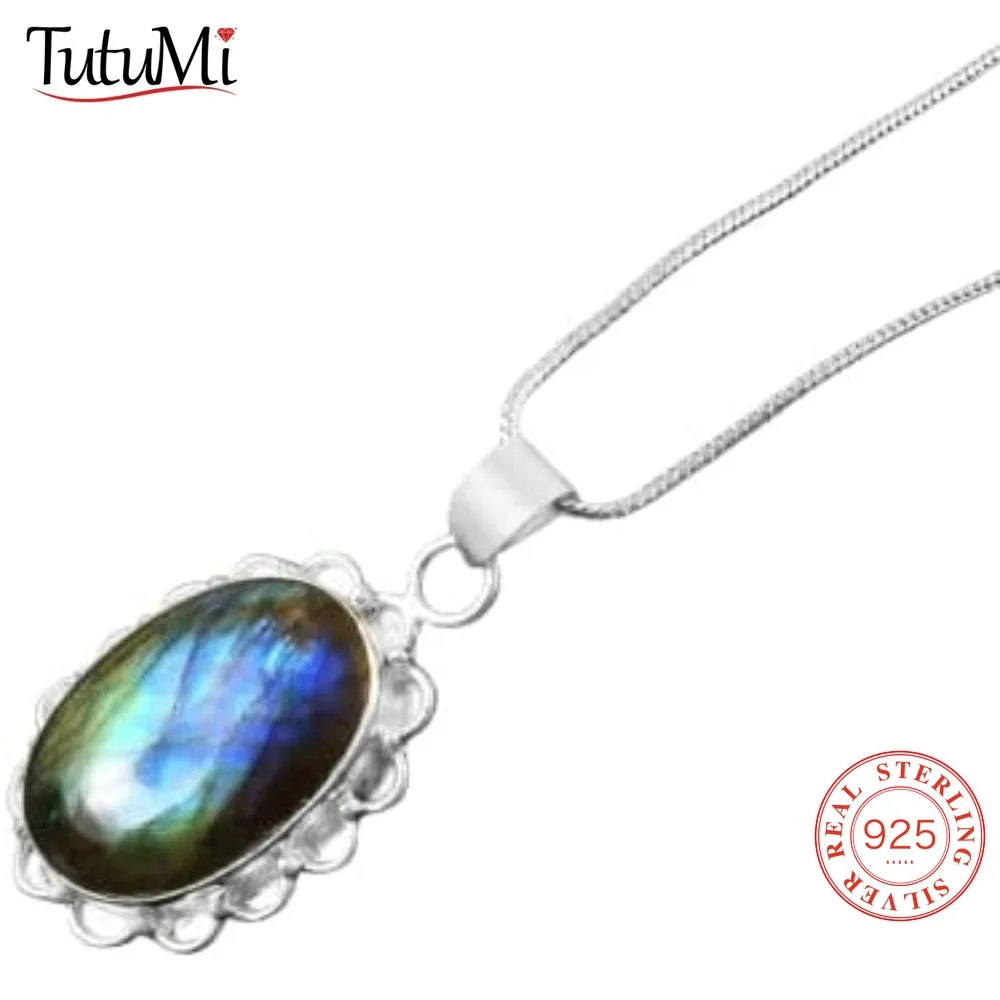 

925 Sterling Silver Natural Labradorite Pendant Necklace Oval Shape Iridescent Healing Crystal Necklace Fine Jewelry for Women