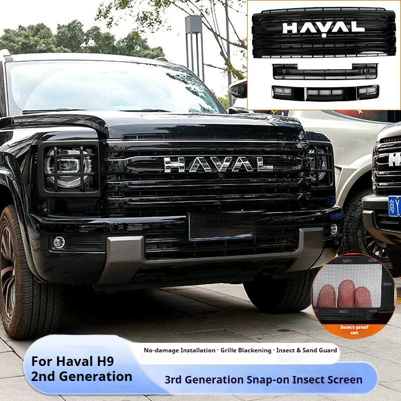 For GWM Haval H9 MKII 2024 2025 2026 Car Snap-on Style Front Grille Insect Screen Third-Generation Black Knight Car Grille Kit