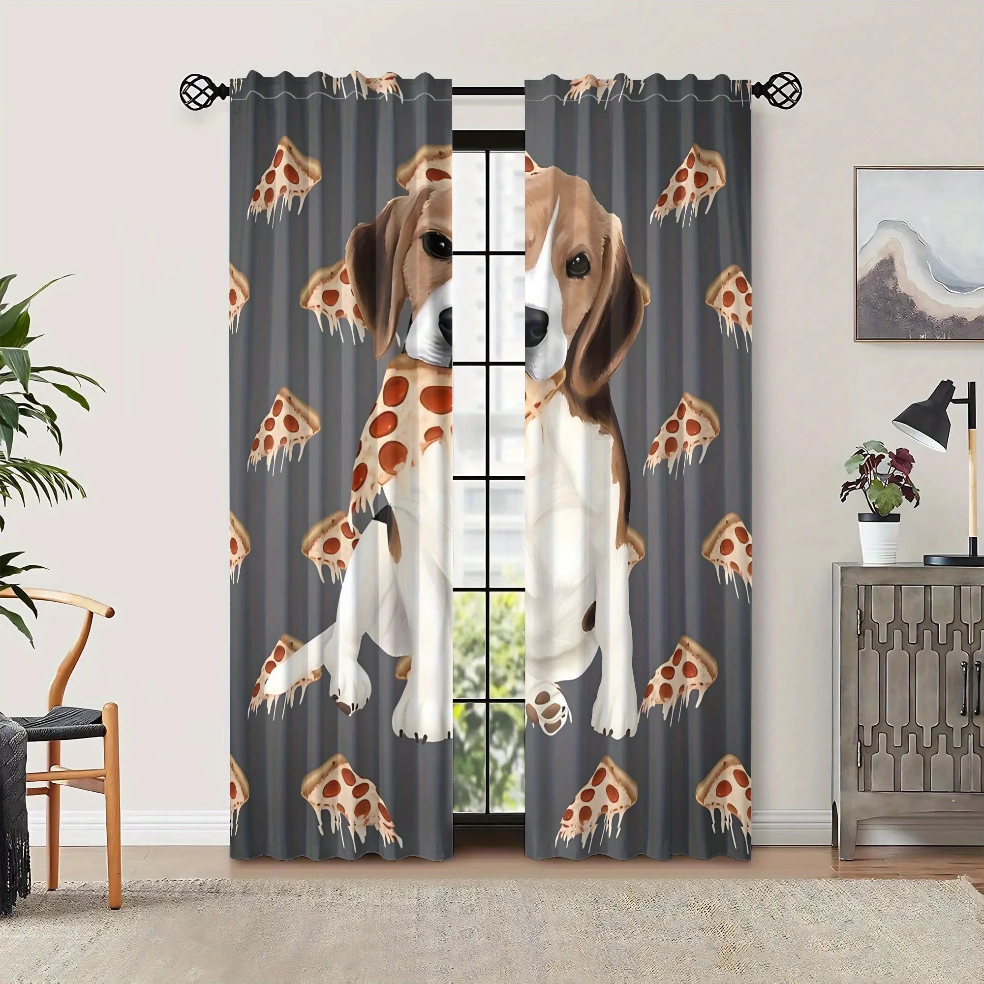 Funny Beagle Dog Print Curtains, Cute Pizza Pattern Drapes, Novelty Pet Lover Window Treatment Kitchen Home Decor