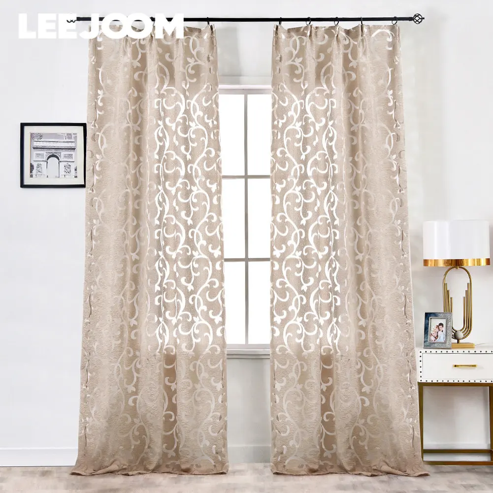 LEEJOOM Jacquard Curtain Floral Window Treatment for Living Room Home Decoration Pull Pleated Tape Curtain 1PC