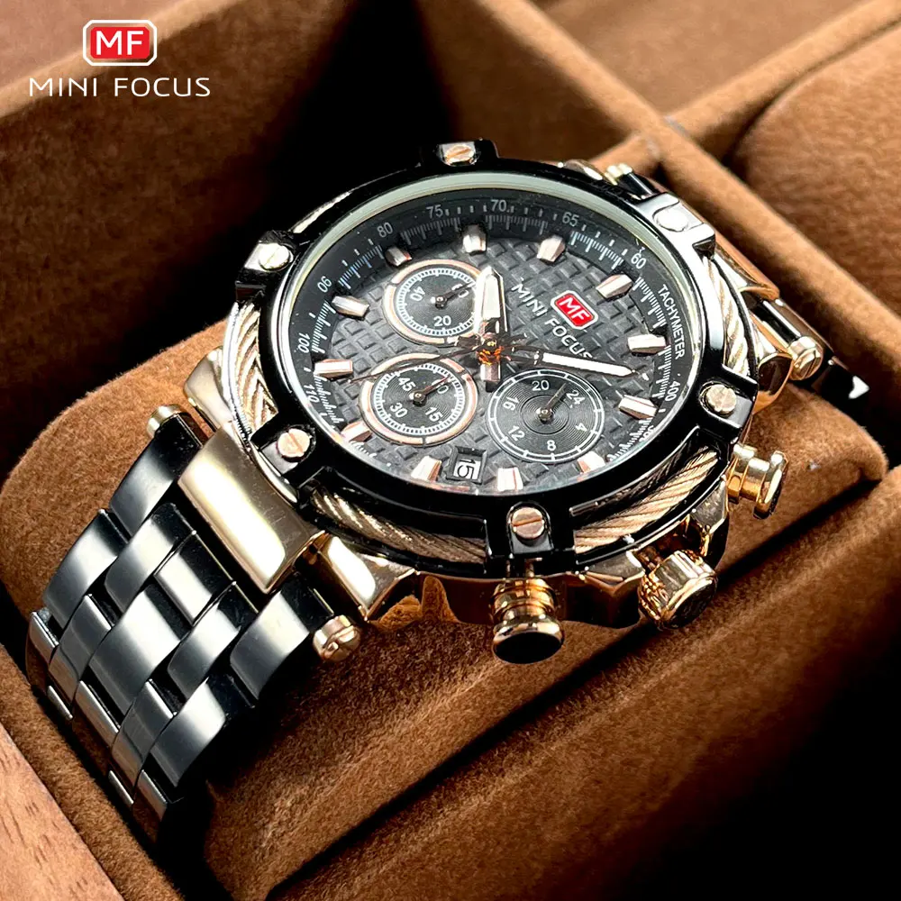 MINI FOCUS NEW Black Stainless Steel Quartz Watch Men Fashion Luminous Dress Wristwatch with Date 24-hour Display Chronograph