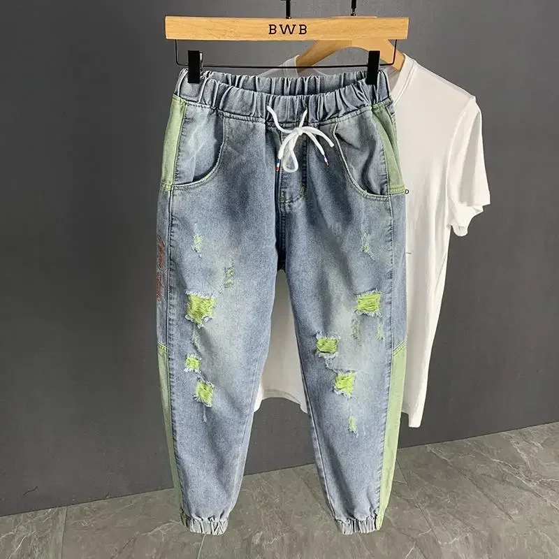 

Man Cowboy Pants with Holes Trousers Broken Men's Jeans Torn Ripped Harem Spliced Cropped Korean Style Summer Fashion Original