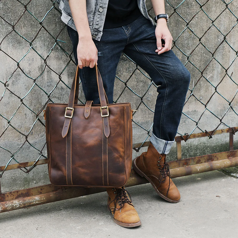 S.WORKER Vintage Echtleder Herren-Tragetasche Handgefertigte Aktentasche Schultertasche Damen Freizeittasche Crazy-Horse Rindsleder – Detail 5