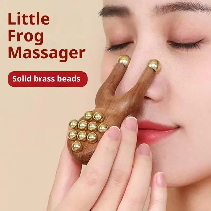 12 Copper Beads Guasha Face Massager Tool Sandalwood Handle Fascia Lifting Face Manual Massager Anti Static Frog Shape Handheld