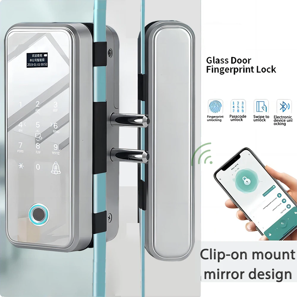 Electronic Digital Lock Fingerprint Glass Door Lock Bluetooth HAHA-Lock App Passcode IC Card Keyless Smart Phone Attendance Lock