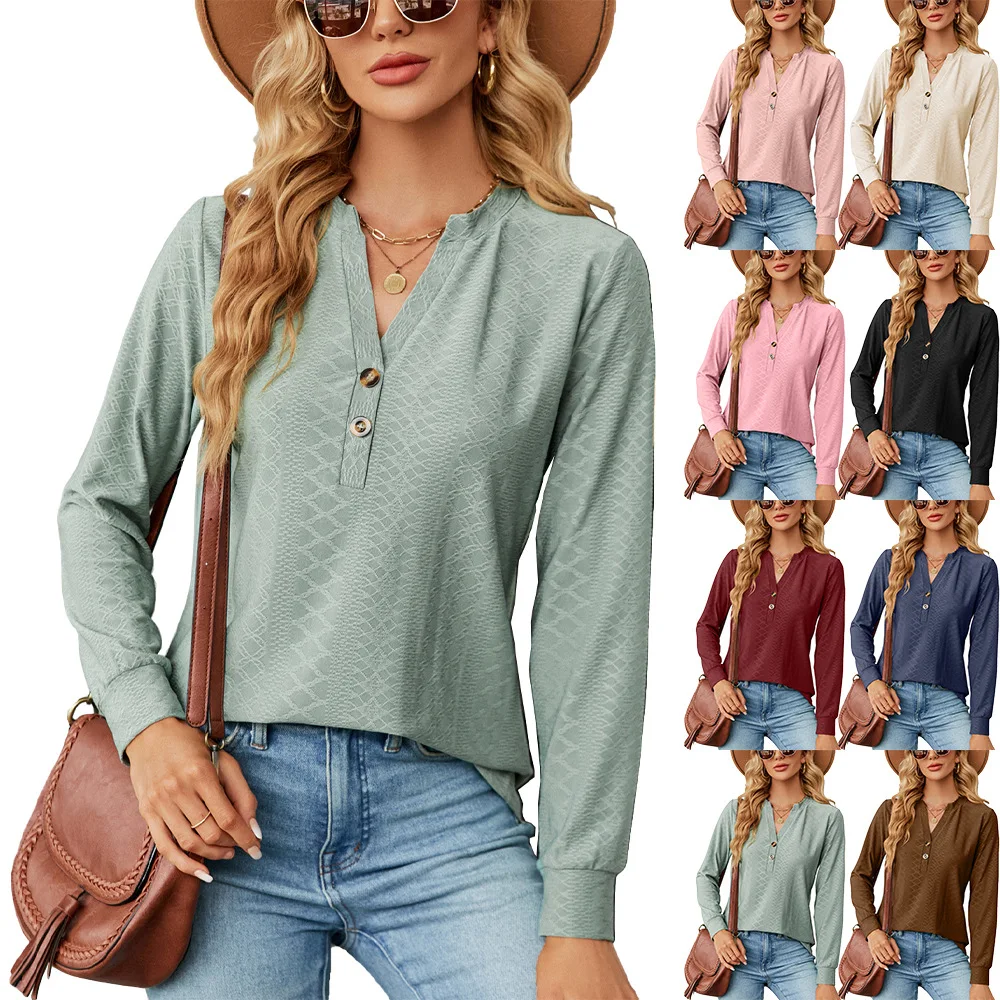 

Women's Tops Autumn and Winter Fashion Solid Color V-neck Button Loose Long-sleeved T-shirt Female