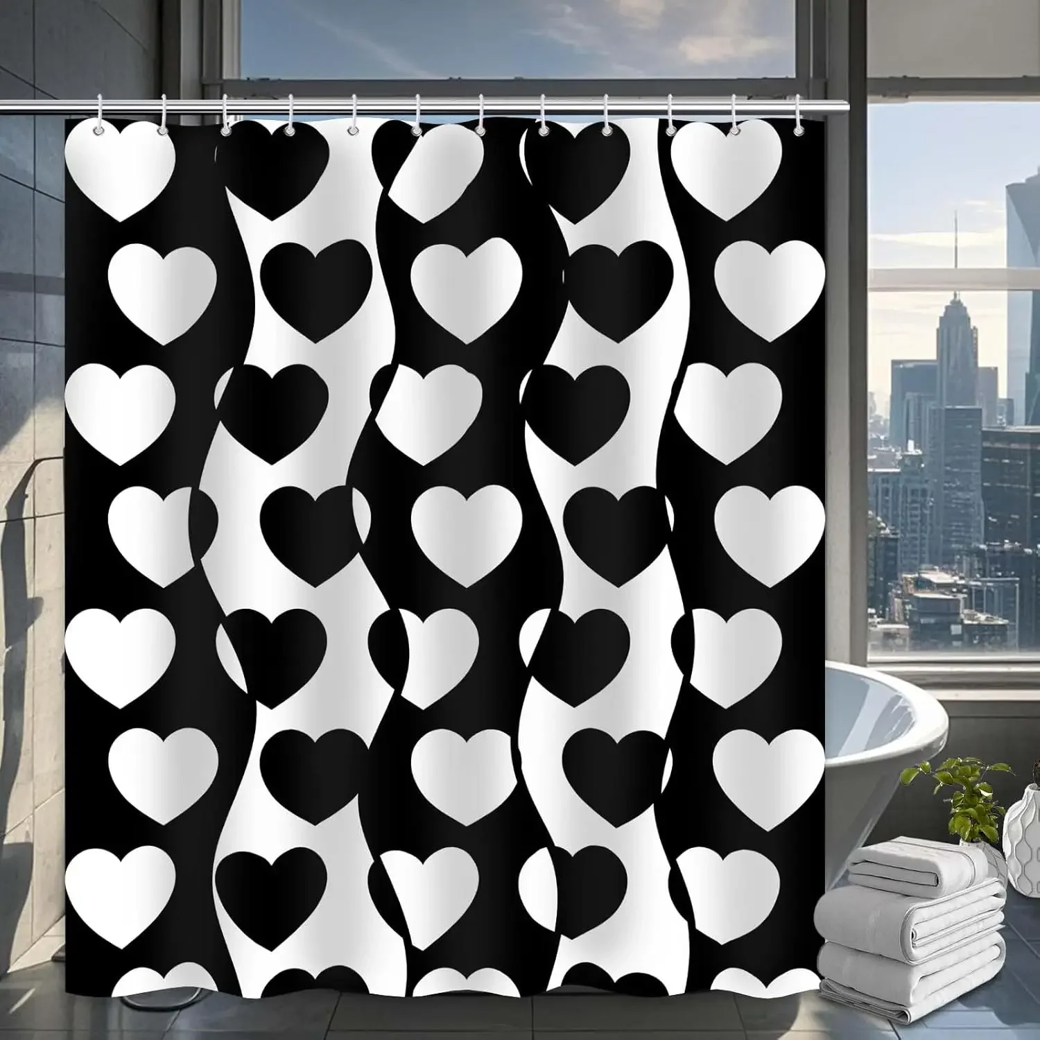 Bathroom black and white heart-shaped shower curtain, 1990 s 2000 s Valentine's Day modern waterproof bathtub curtain decoration