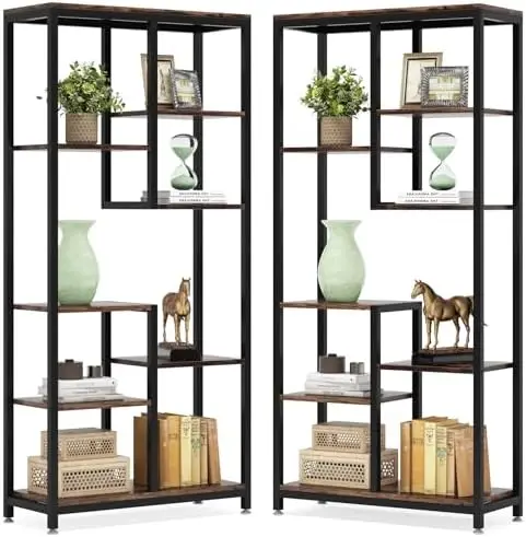 6-Tier Tall Bookshelf Set of 2, Industrial 8-Shelf Open Bookcase Storage Display Book Shelves for Living Room, Home Office