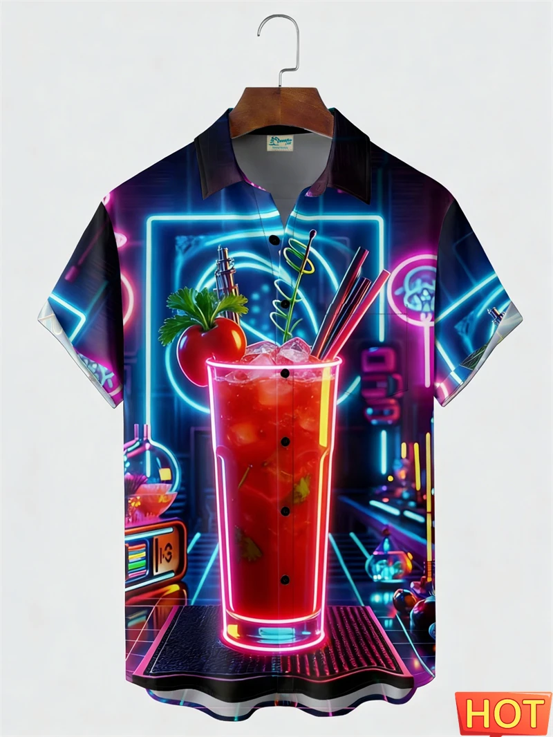 

Men's Neon Cocktail Hawaiian Shirt Retro Beach Night Print Casual Short Sleeve Button Down For Summer Party Vacation Blouse Tops