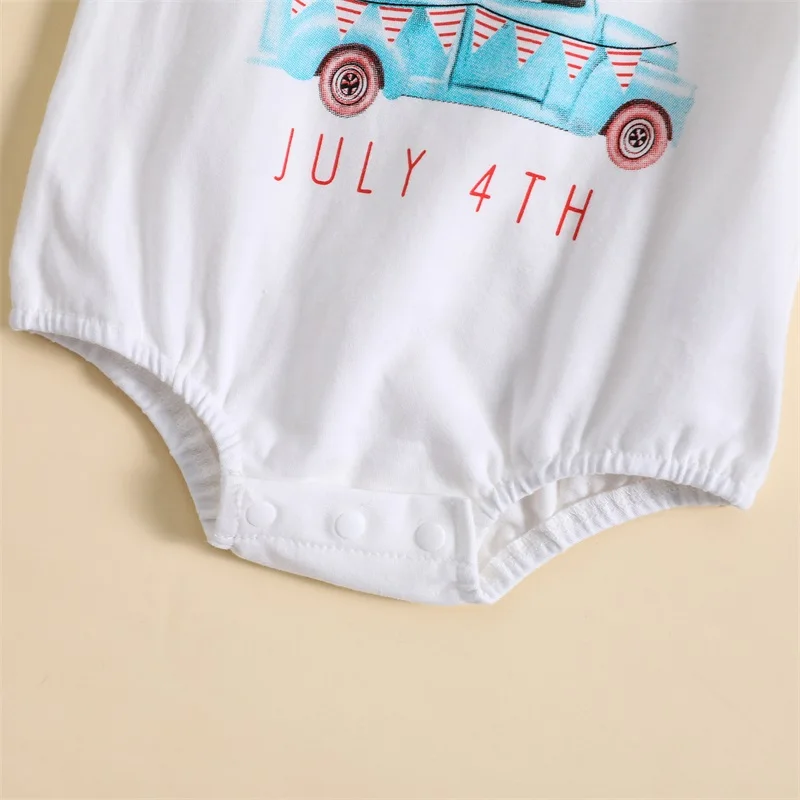 

Adorable Infant Summer Romper with Patriotic American Flag Print and Ruffled Sleeves for Baby Girls and Boys - Fourth of July