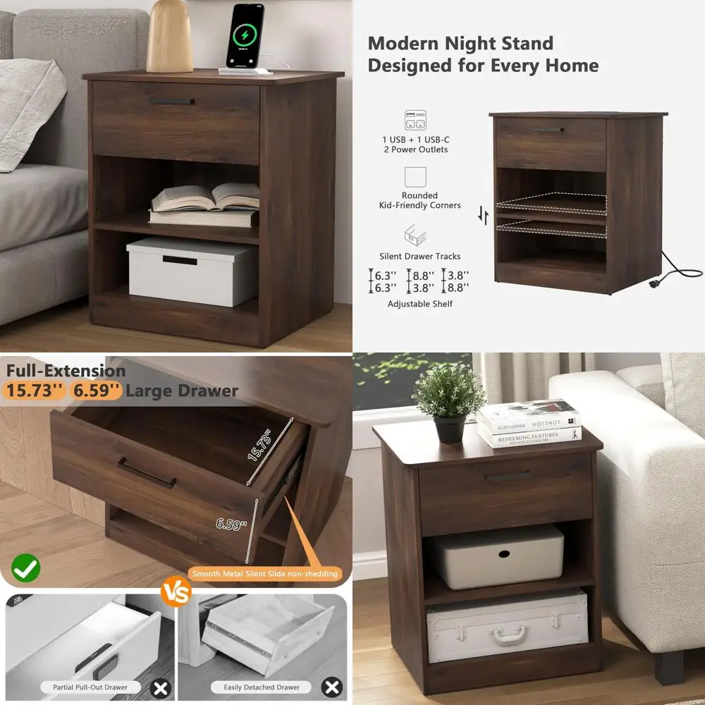 

USB Type-C Charging Station Nightstand, Modern Bedside Table with AC Outlets, Spacious Drawer Storage for Large Bedrooms