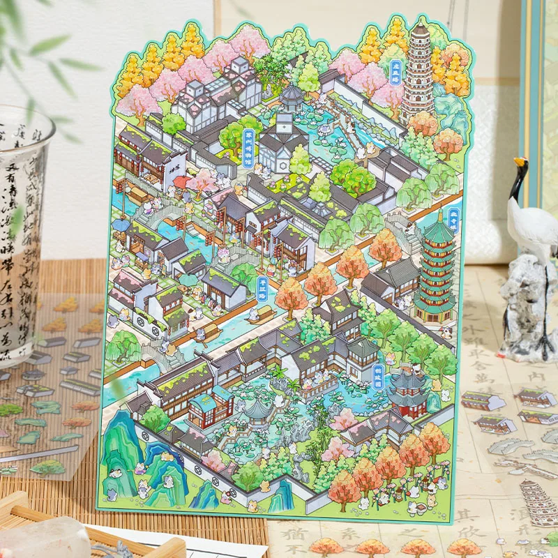 Mr.Paper 3 pegatinas de PET + 1 tarjeta de Diorama, calcomanías de casa en capas 3D de ciudad en miniatura para niños, manualidades, álbum de recortes, papelería IP urbana