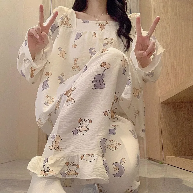 Women's Early Spring Pajamas Thin Long-Sleeved Trousers Cute Sweet Student sleepwear Set 2024 New Casual large Size Homewear