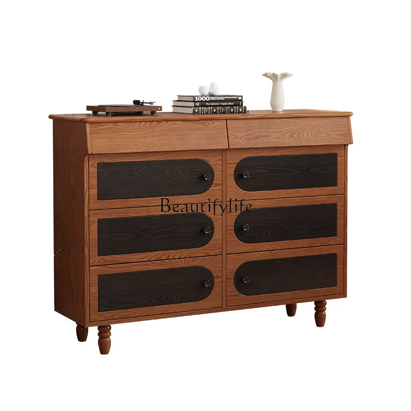 

Medieval style solid wood dining side cabinet living room against the wall entrance master design ash wood retro kitchen locker