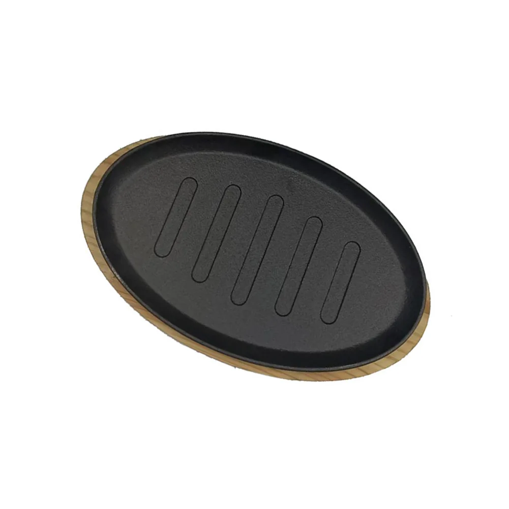 Oval Cast Iron Steak Plate Set 3pcs with Wooden Base for Teppanyaki Grilling For BBQ Seafood and Style Table for service