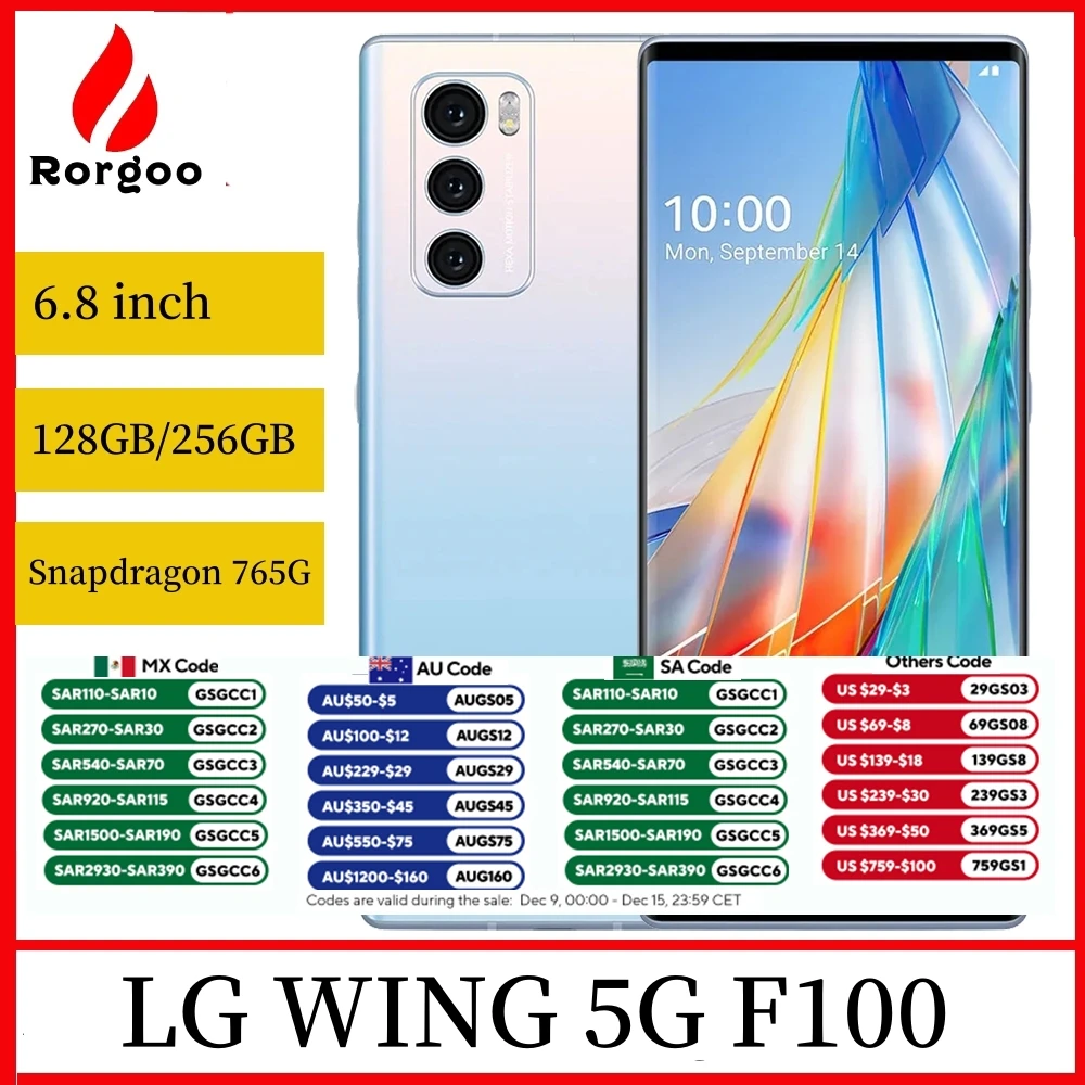 LG WING 5G Original Unlocked Mobile phone F100N US Version 4G LTE Cell Phone 6.8'' 8GB RAM 128GB/256GB ROM Android SmartPhone