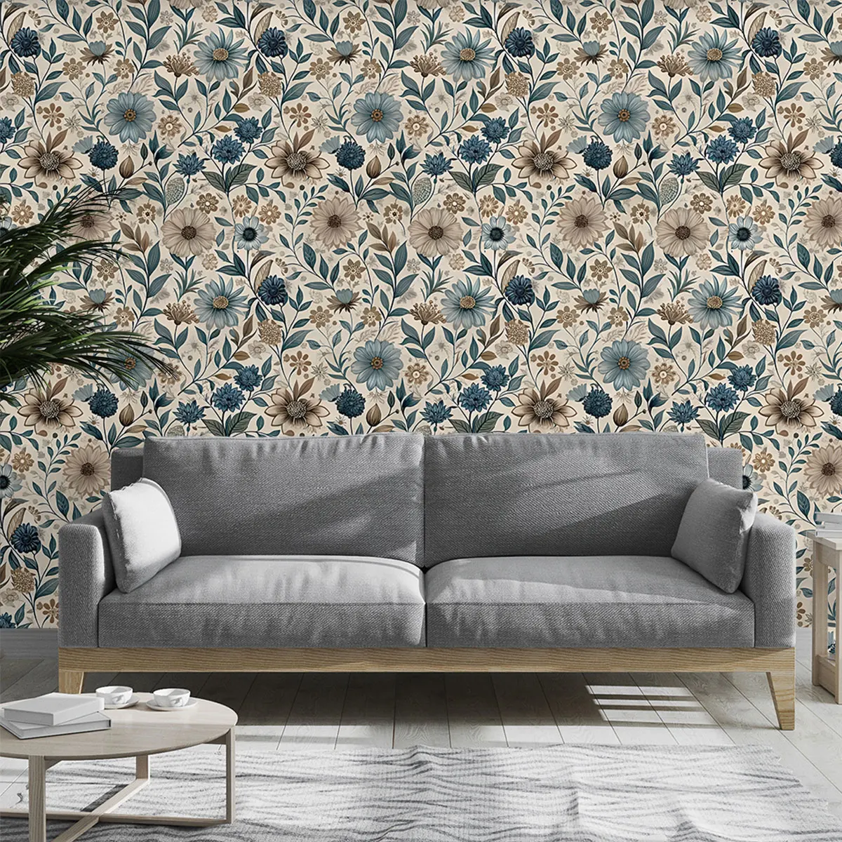 Cycle wallpaper with a retro blue-brown floral branch and leaf pattern, waterproof and conceals imperfections