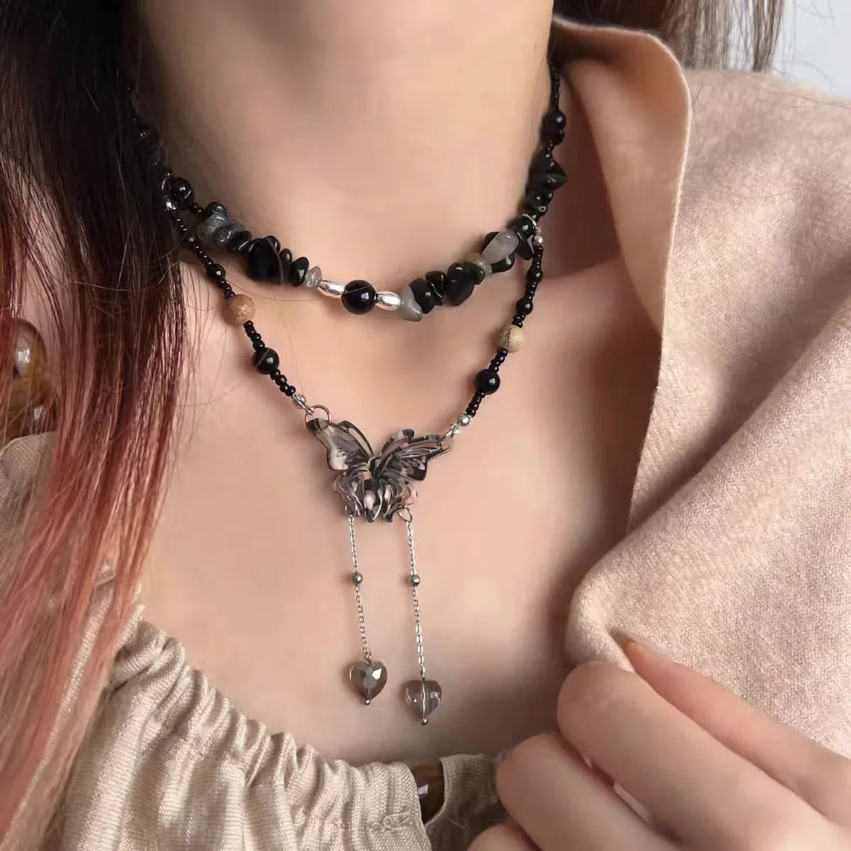 

New Chinese Style Folding Butterfly Fringe Necklace Light Luxury Senior Sense of Vintage Style Beaded Collarbone