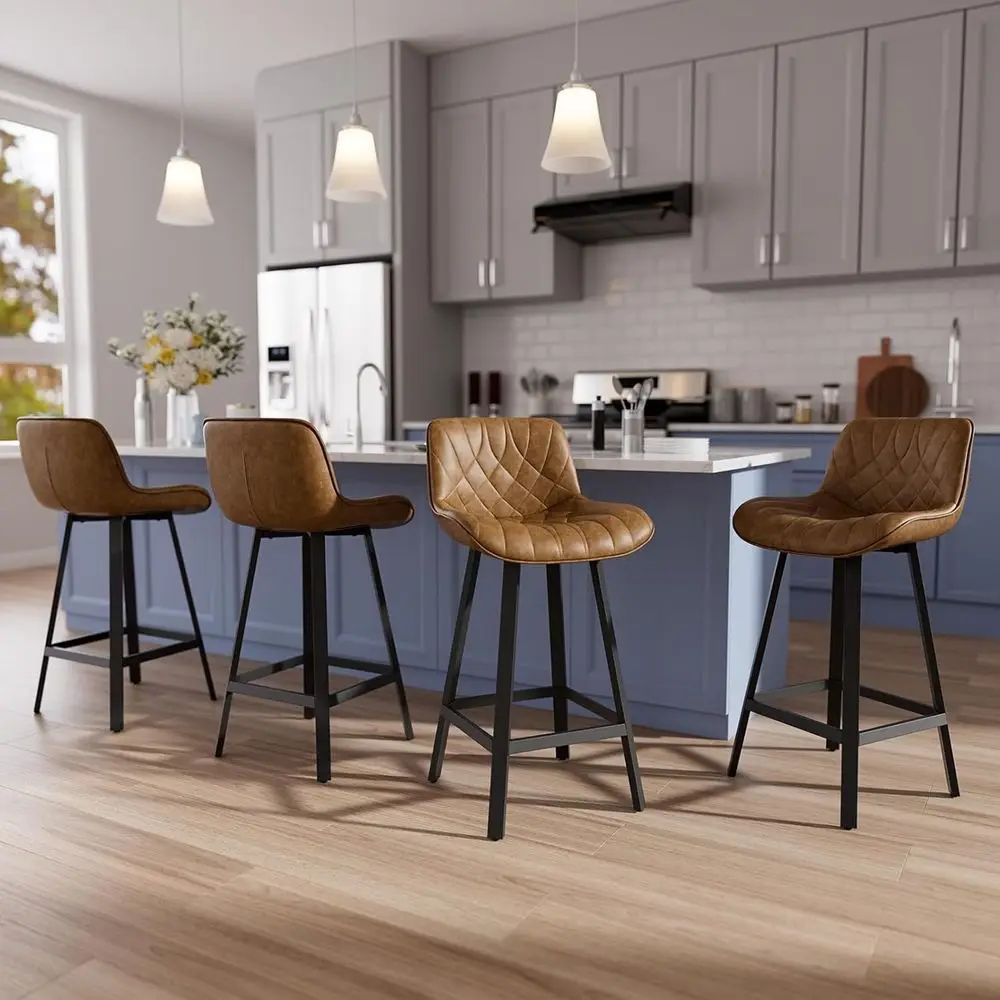 

Set of 4, 26 High Backed Leather Bar Stools with Wide Metal Legs for Counter or Kitchen Island, Brown
