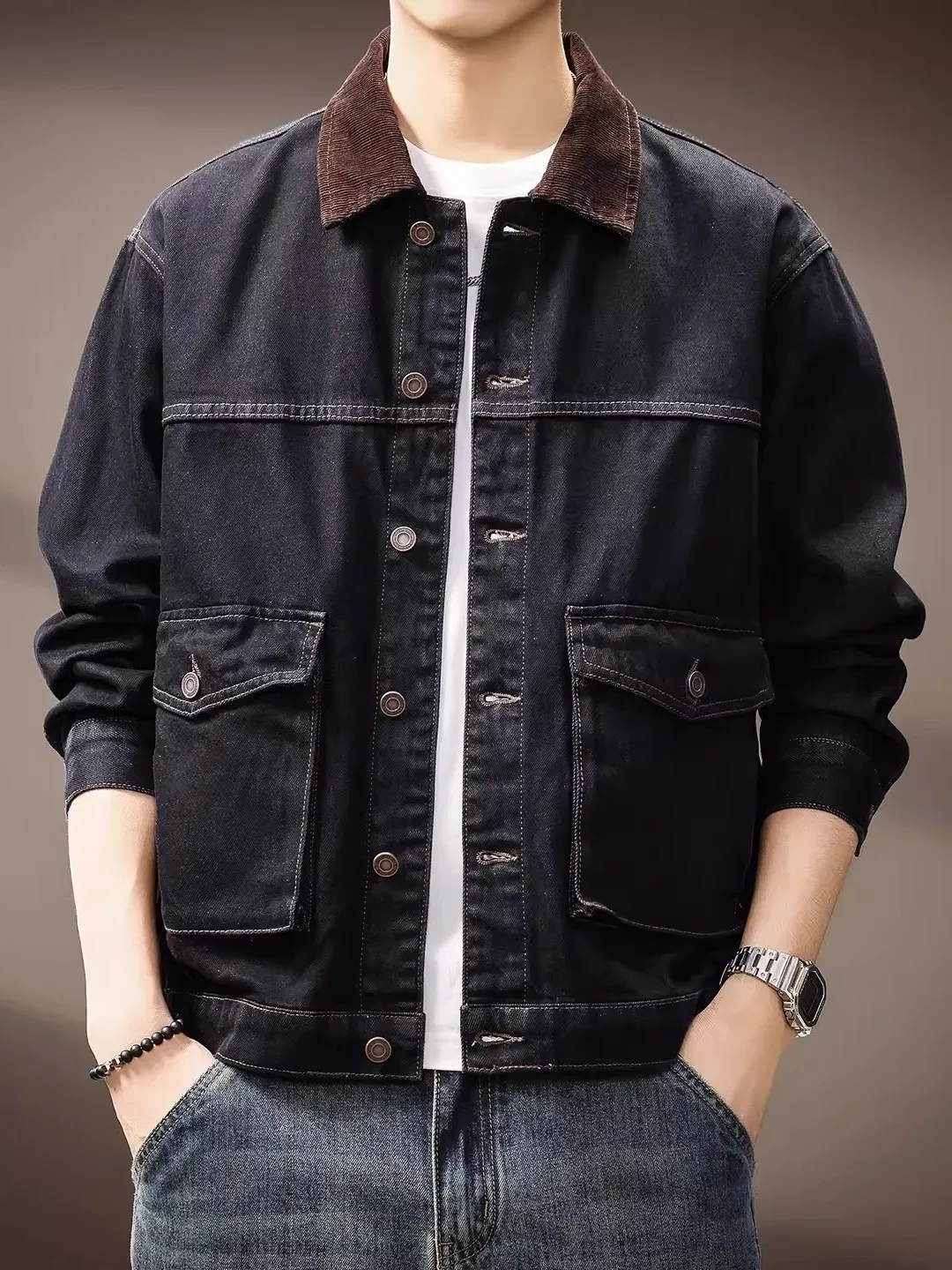 

Мужская джинсовая куртка большого размера в американском ретро-стиле, весна-осень, новая модель, с вельветовым воротником, рабочая одежда
