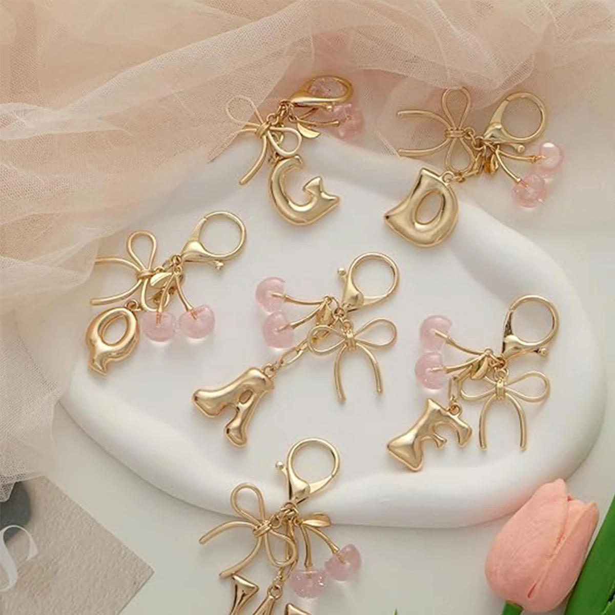 Gold Letter Bubble Initial Keychain with Bow & Cherry, Cute Handbag Accessory