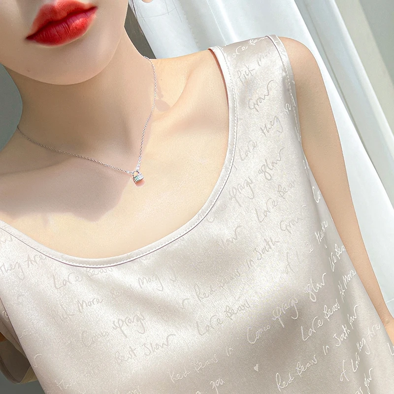 2023 Summer New Mulberry Silk Vest For Women U-Collar Broadband Solid Color Printed Comfortable Temperament Short-Sleeved Vest
