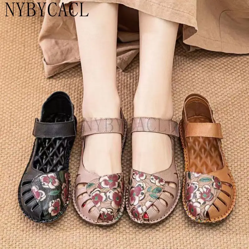 New Women Bohemian Vintage Style Flat Heels Sandals Summer Slingback Round Close Toe Shoes Woman Printed Genuine Leather 2022