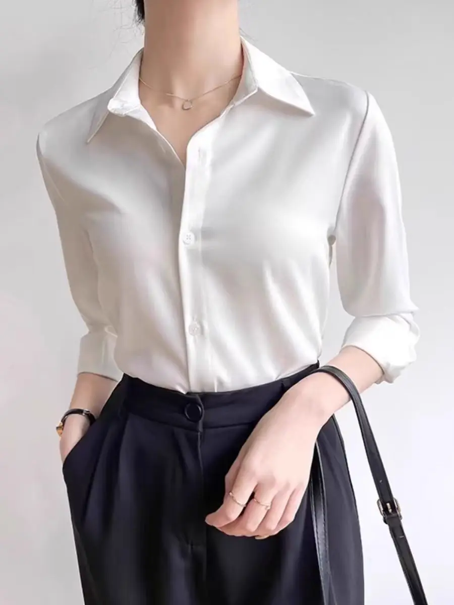 Simple Women\'s Satin Shirts Thin Spring New Solid Color Long Sleeve Advanced Sense Top Office Elegant Ladies Work Wear Fashion