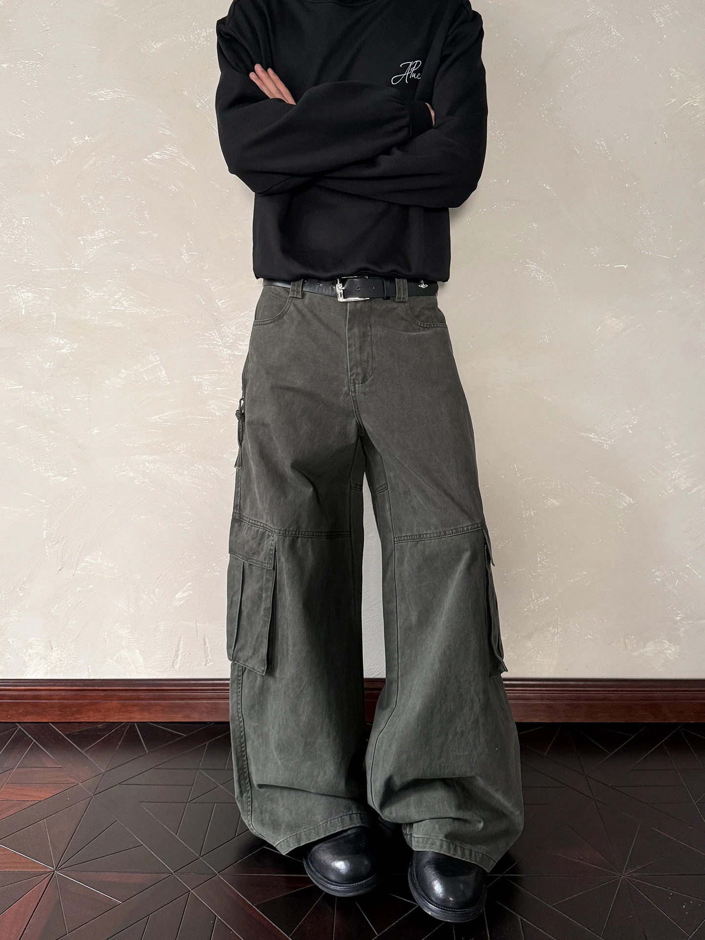 

a PUEE American Retro Workwear Pants Multi-ket Deconstructed Patchwork Vintage Loose Straight-Cut Men's Casual Trousers