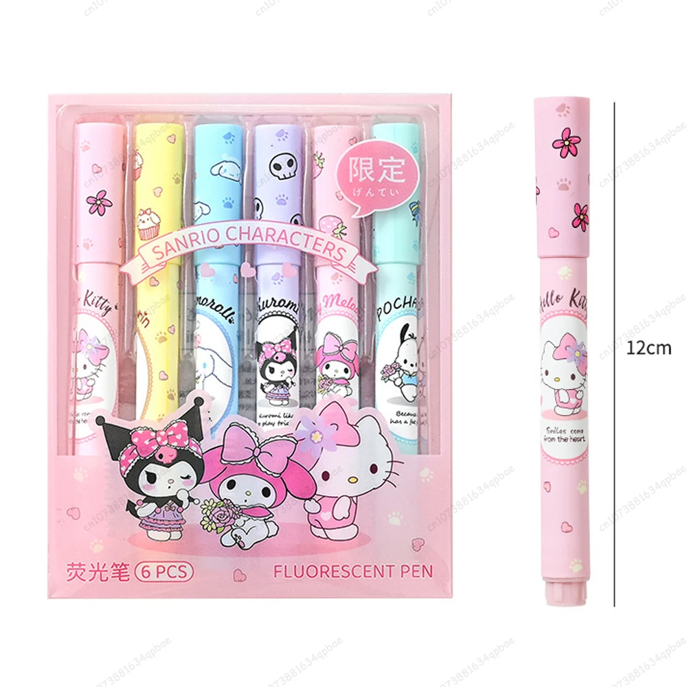 MINISO Sanrio 6Pcs Colored Highlighter Pen Set for Children Hello Kitty Colored Pens Kawaii Cartoon Stationery Kids Coloring Pen