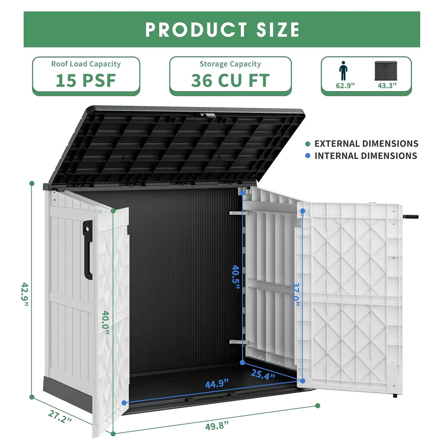 36 Cu Ft Outdoor Storage Cabinet Dual Lockable Doors Weatherproof Horizontal Shed Floor Garage Patio Backyard White, Customized