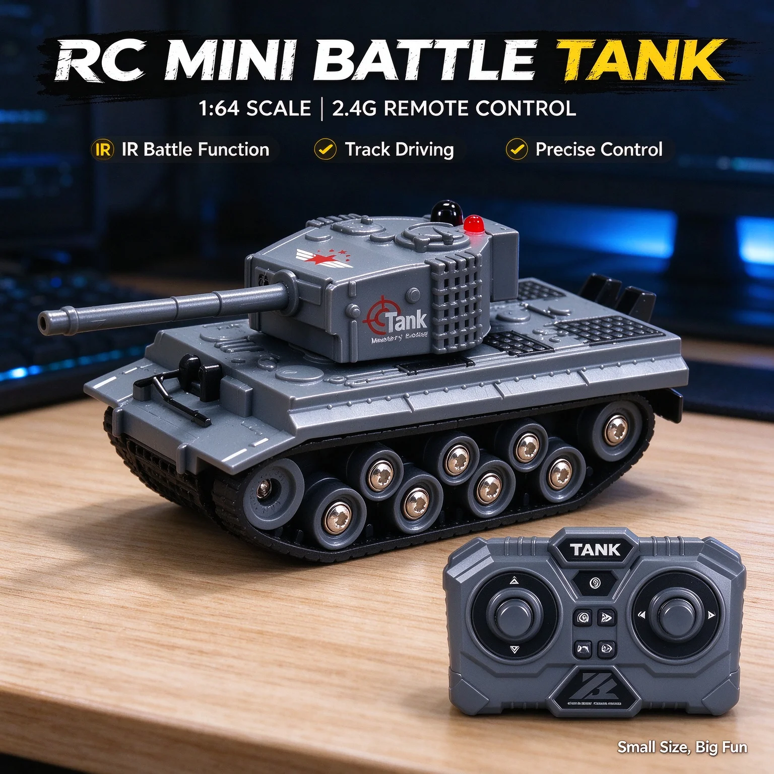RC Battle Tank Toy, Infrared Combat with Controllable Turret, USB Rechargeable Tracked Vehicle, Climbing Gift for Boys
