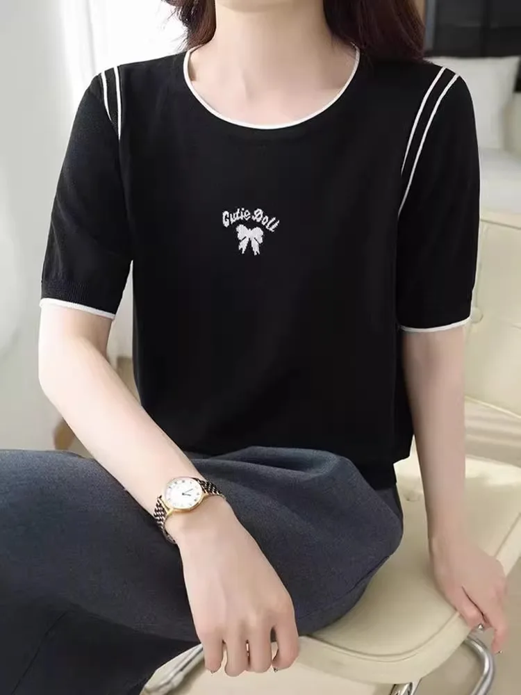 

Летняя трикотажная футболка из ледяного шелка f Sve женская свободная утягивающая верхняя часть тонкая основа irt ort Sve Топ круглый Ne