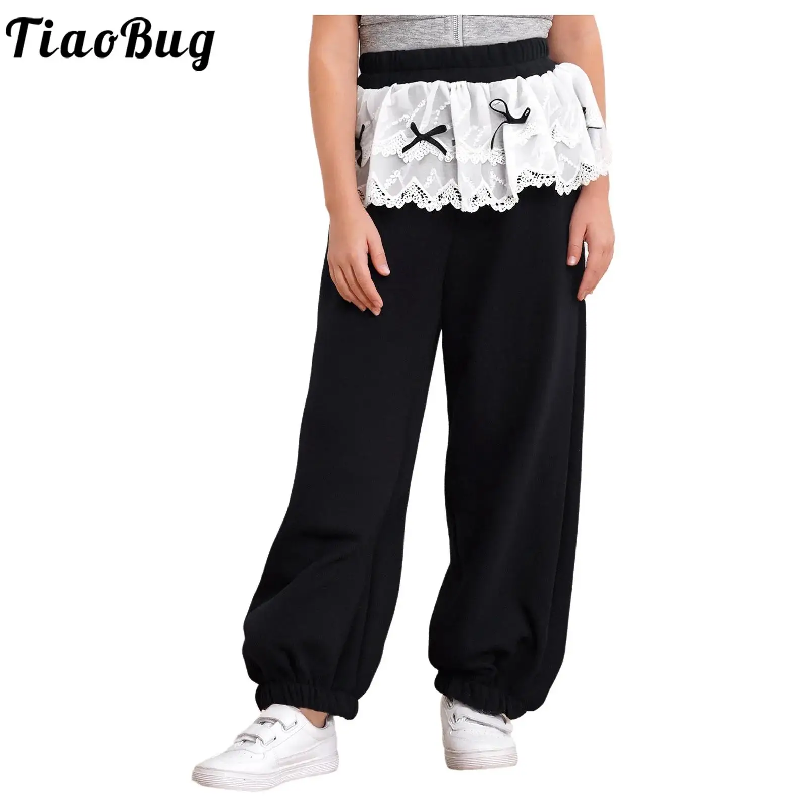 Kids Girls Y2K Pants Cute Bowknot Lace Peplum Trousers Elastic Waistband Sweatpants with Pockets Dance Sports School Daily Wear