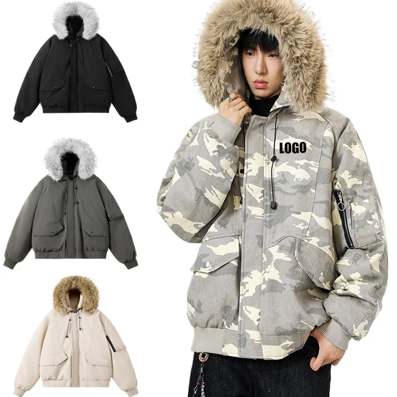

Мужская хлопковая одежда со съемным воротником и логотипом на заказ, зимняя свободная утолщенная американская камуфляжная хлопковая куртка Parker с капюшоном