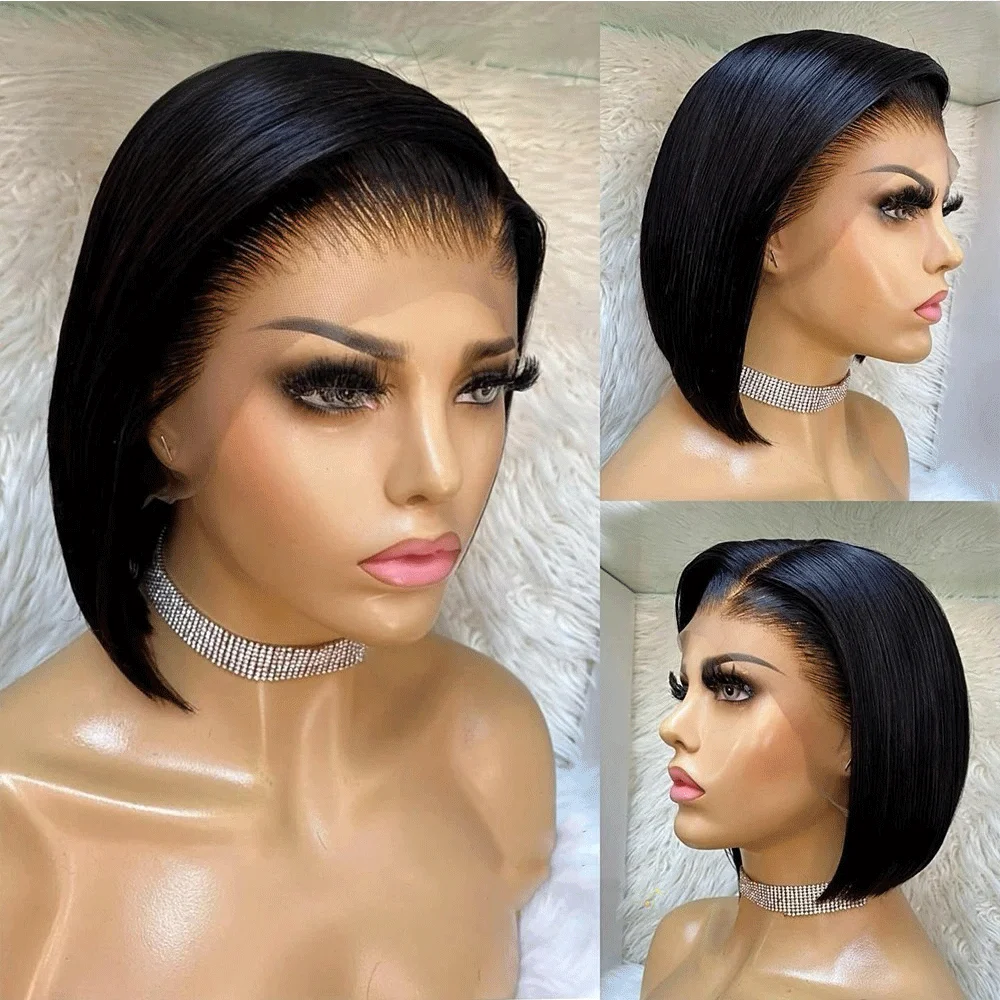 

Бразильские человеческие волосы Пикси Боб Парик Бесклеевой 13x4 Кружева Фронтальная часть 6 дюймов Прямая 150% Плотность Реалистичная линия волос и детские волосы HD Кружева Sp