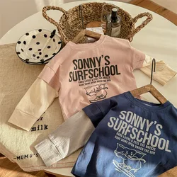 2024 Autumn Children's Clothing Girl Boy Letter Splicing Long Sleeve T-shirt Retro Baby Cotton Bottoming Shirt Kids Casual Tops