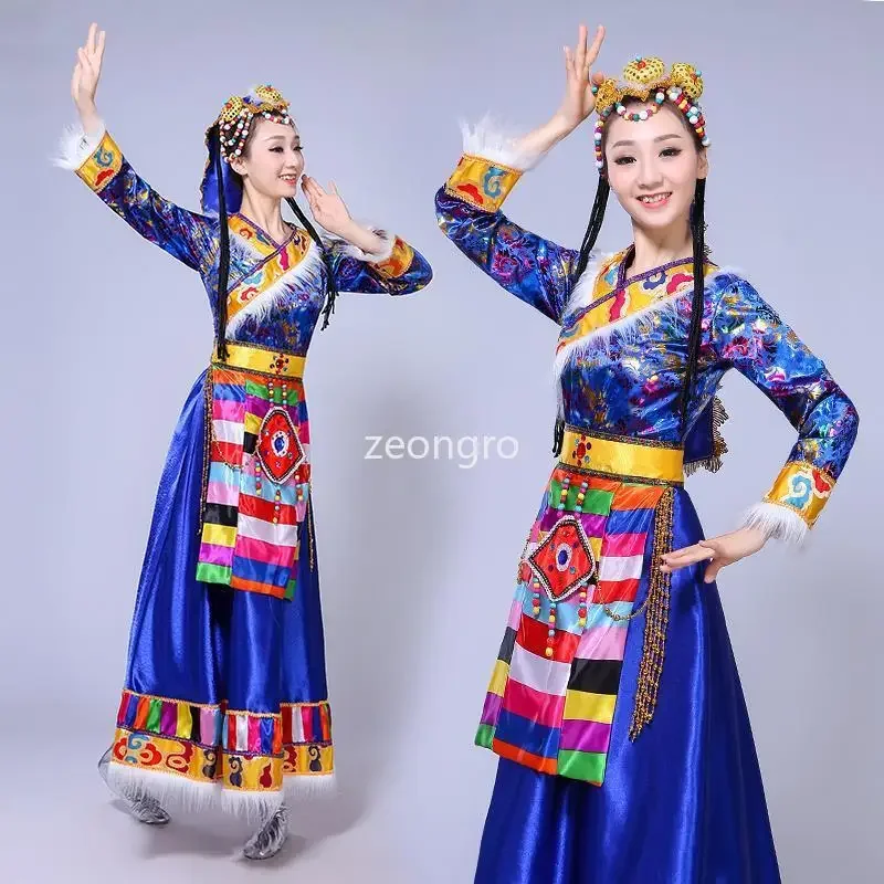 New Tibetan dance dress ethnic style large skirt square dance performance dress adult long skirt sleeve dress female