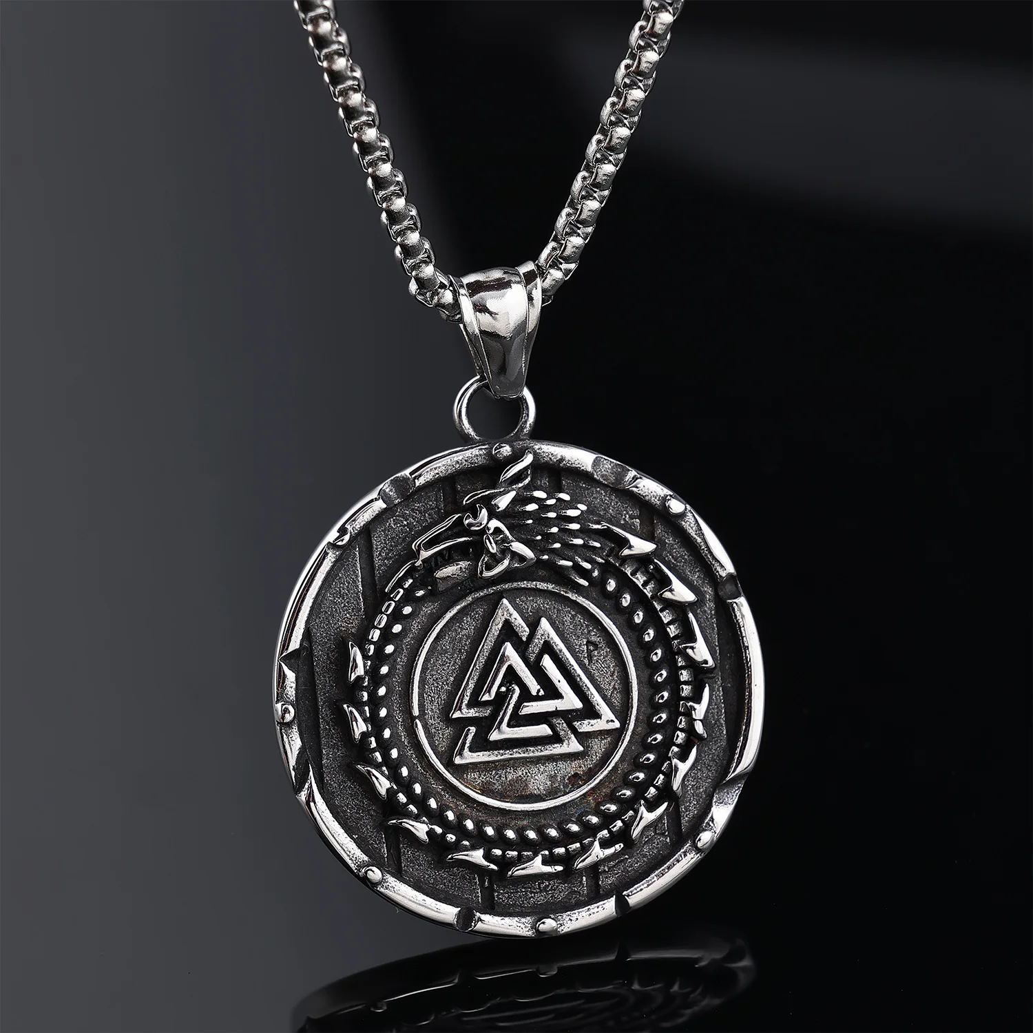 Snop Vintage Norse Viking Ouroboros Dragon Totem Valknut Symbol Stainless Steel Pendant Necklace For Men 60cm Chain Lucky Protec